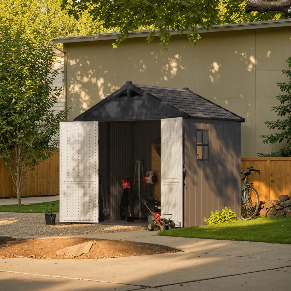 Patiowell 8x6 brown shed in a garden