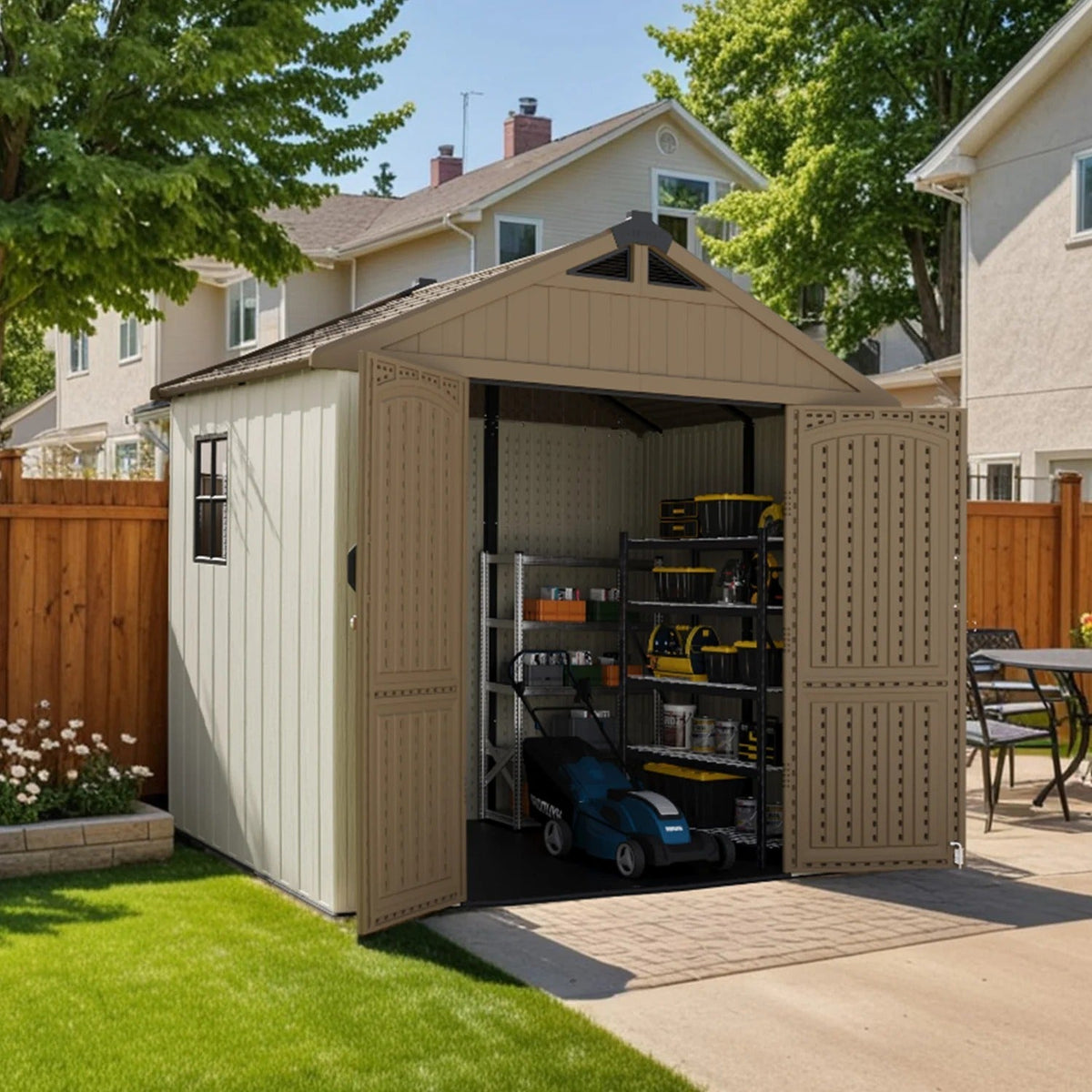 Patiowell 8x6 khaki shed doors open