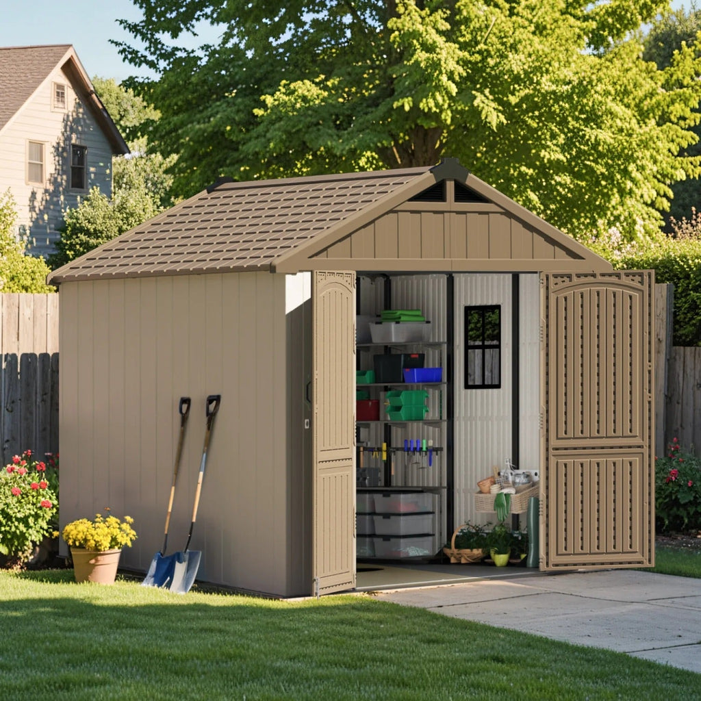 Patiowell 8x8 khaki shed doors open